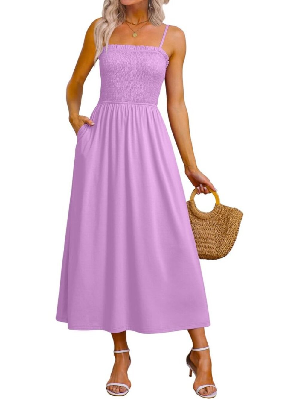 Women's Lavender Spaghetti Strap Smocked Casual Boho Beach Long Maxi Dresses